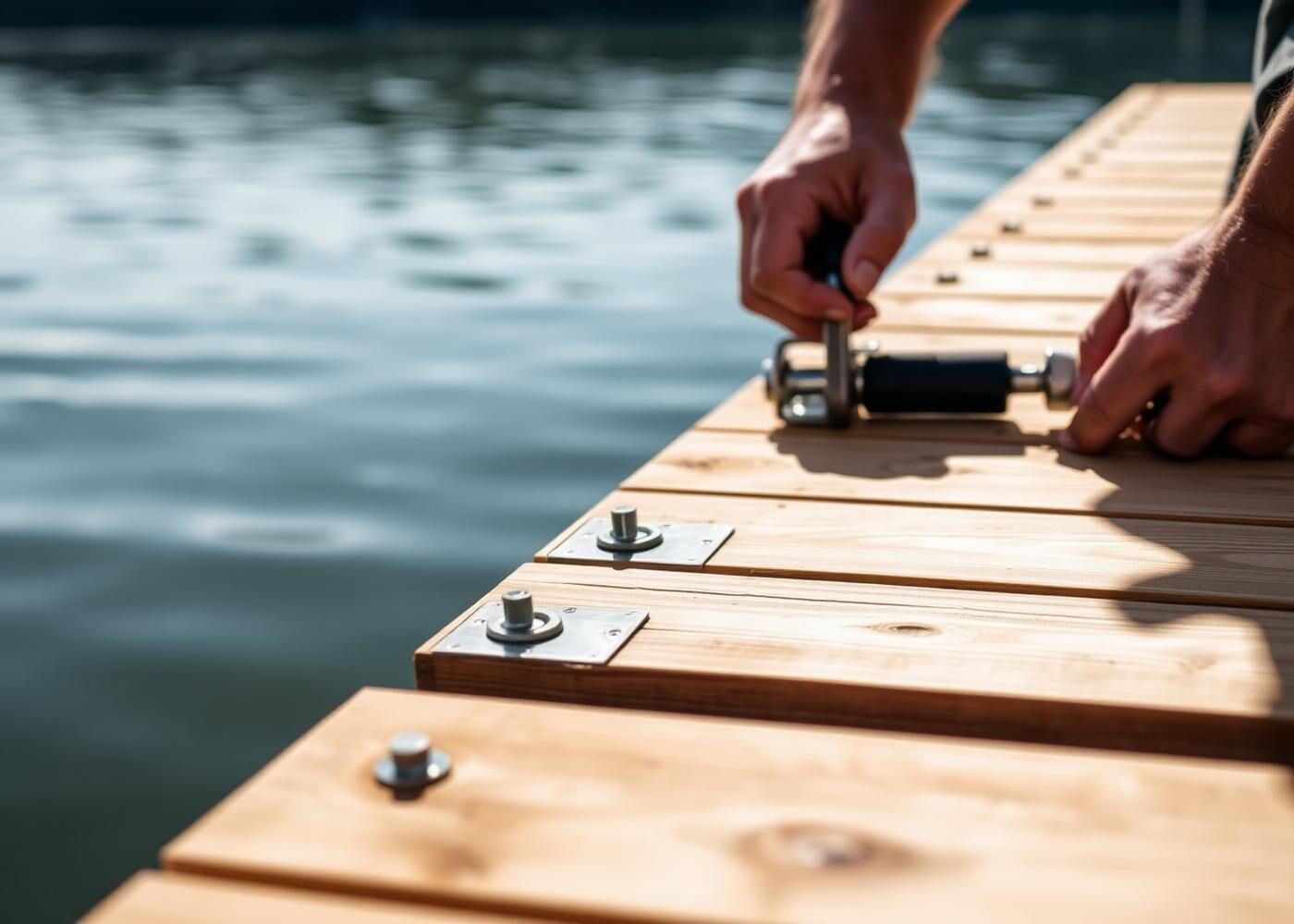 Close-up of a builder fastening new cedar dock decking with galvanized hardware