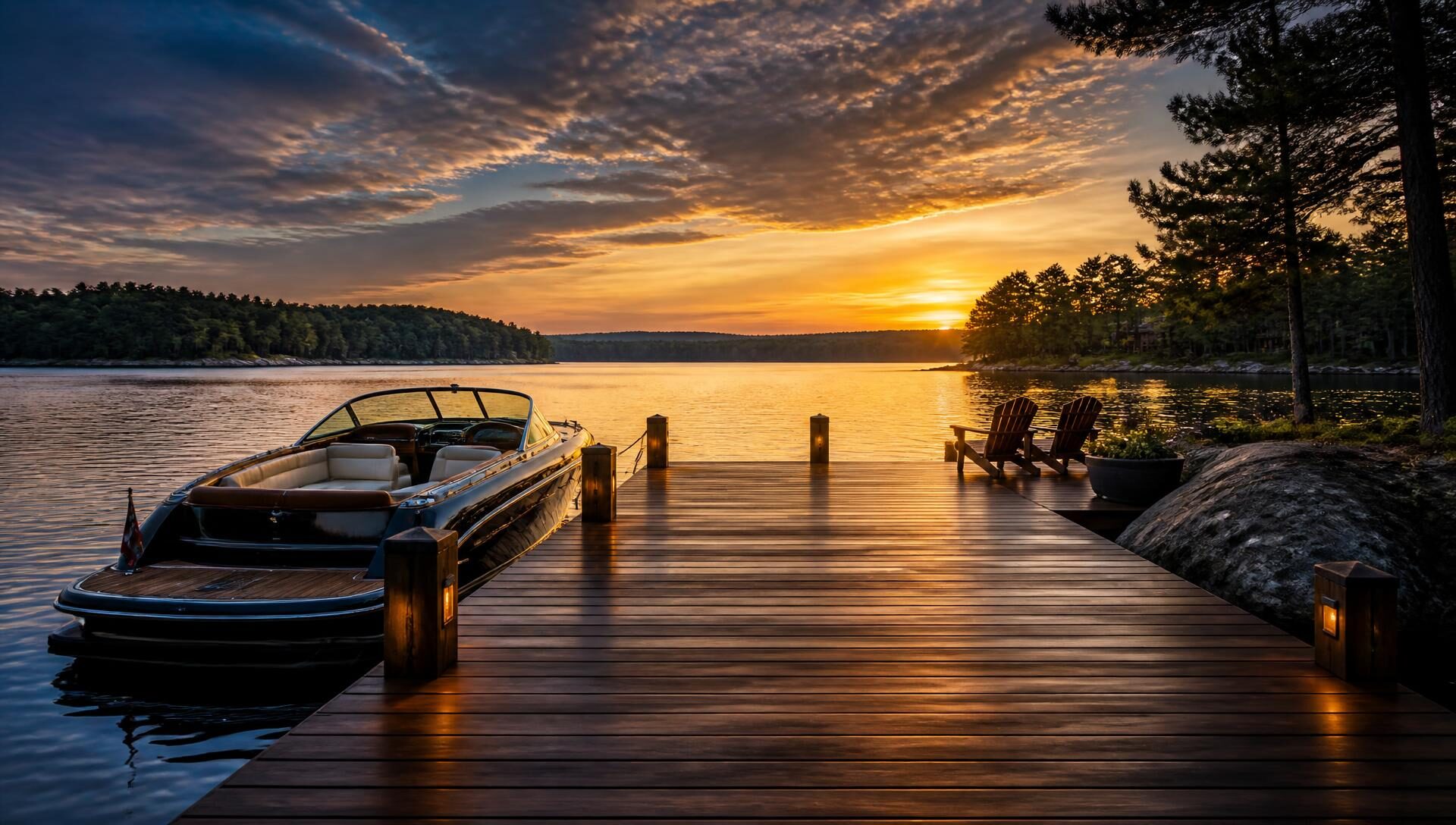 Custom wooden dock with a moored boat on a New England lake at sunset